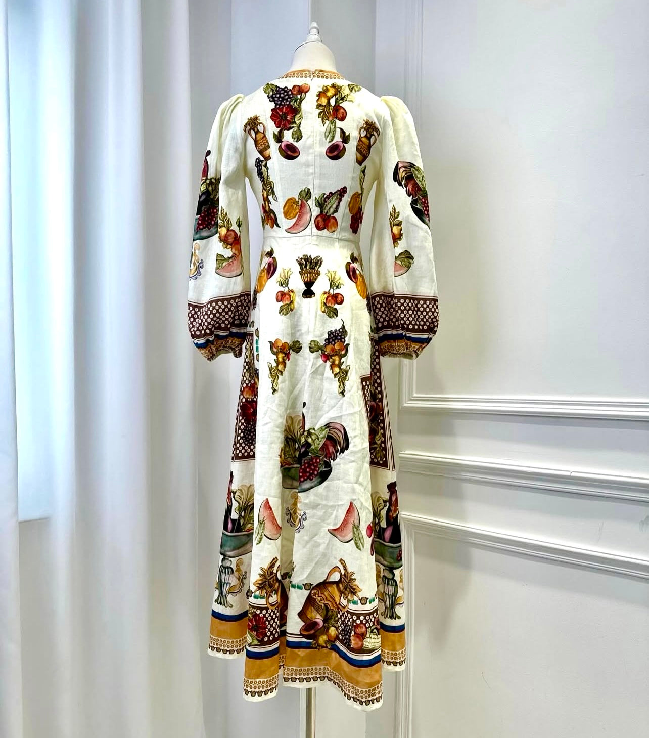 White Fruit Puff Sleeve Midi Dress