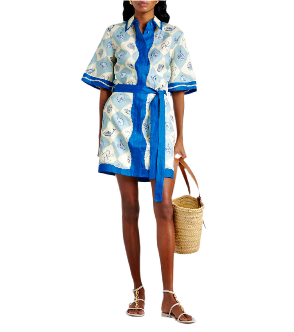 White Blue Sea Mini Shirt Dress