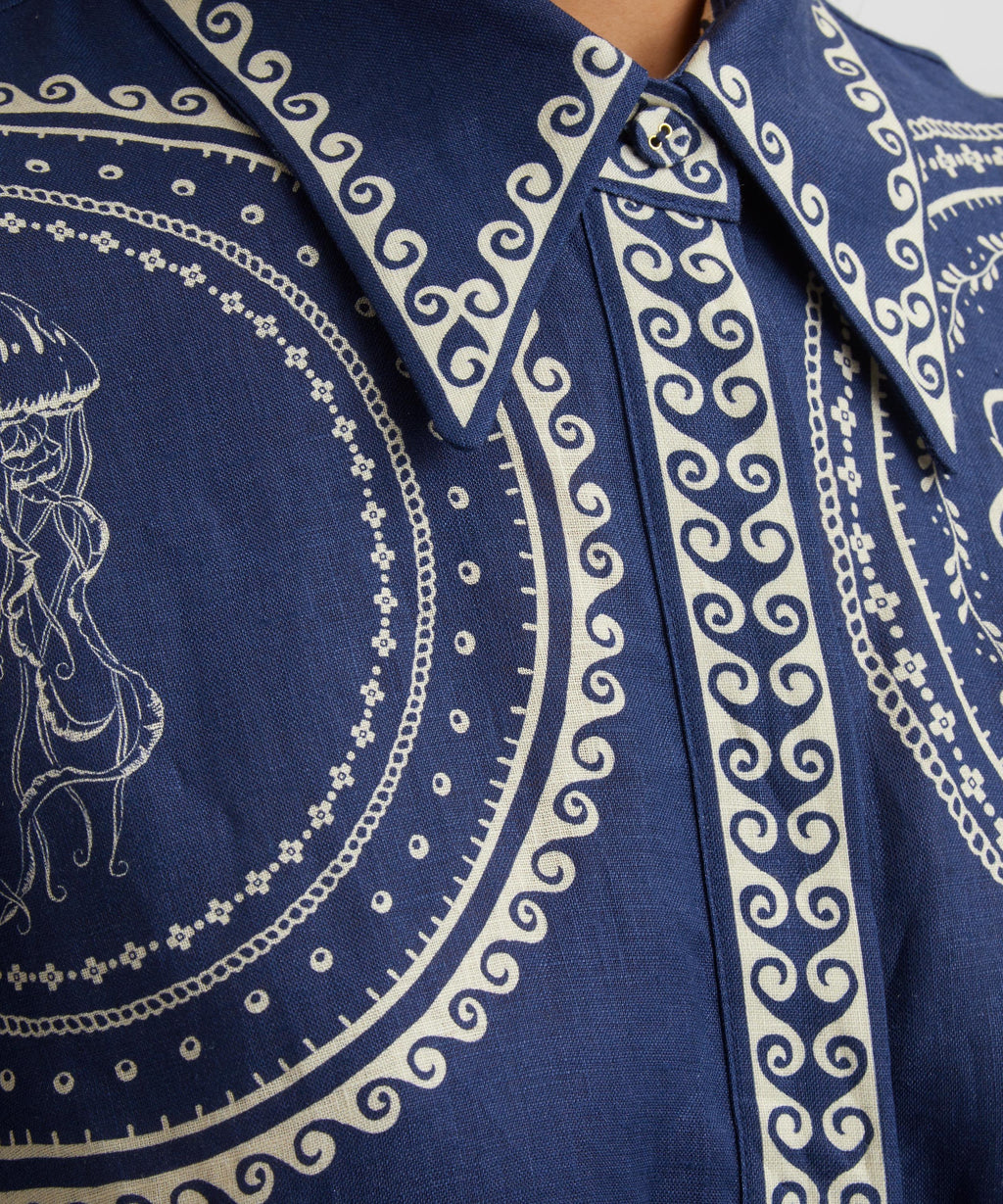 Navy Seashell Long Sleeve Maxi Shirt Dress