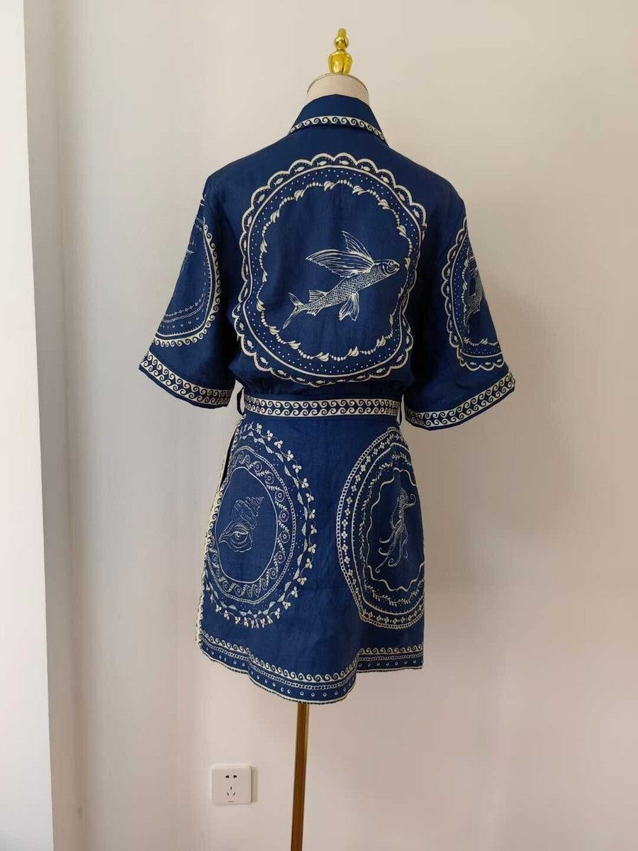 Unique Navy Seashell Mini Shirt Dress