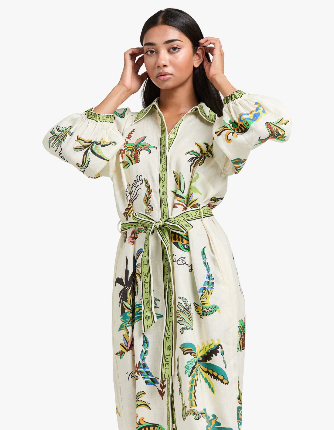 White Palm Tree Maxi Shirt Dress