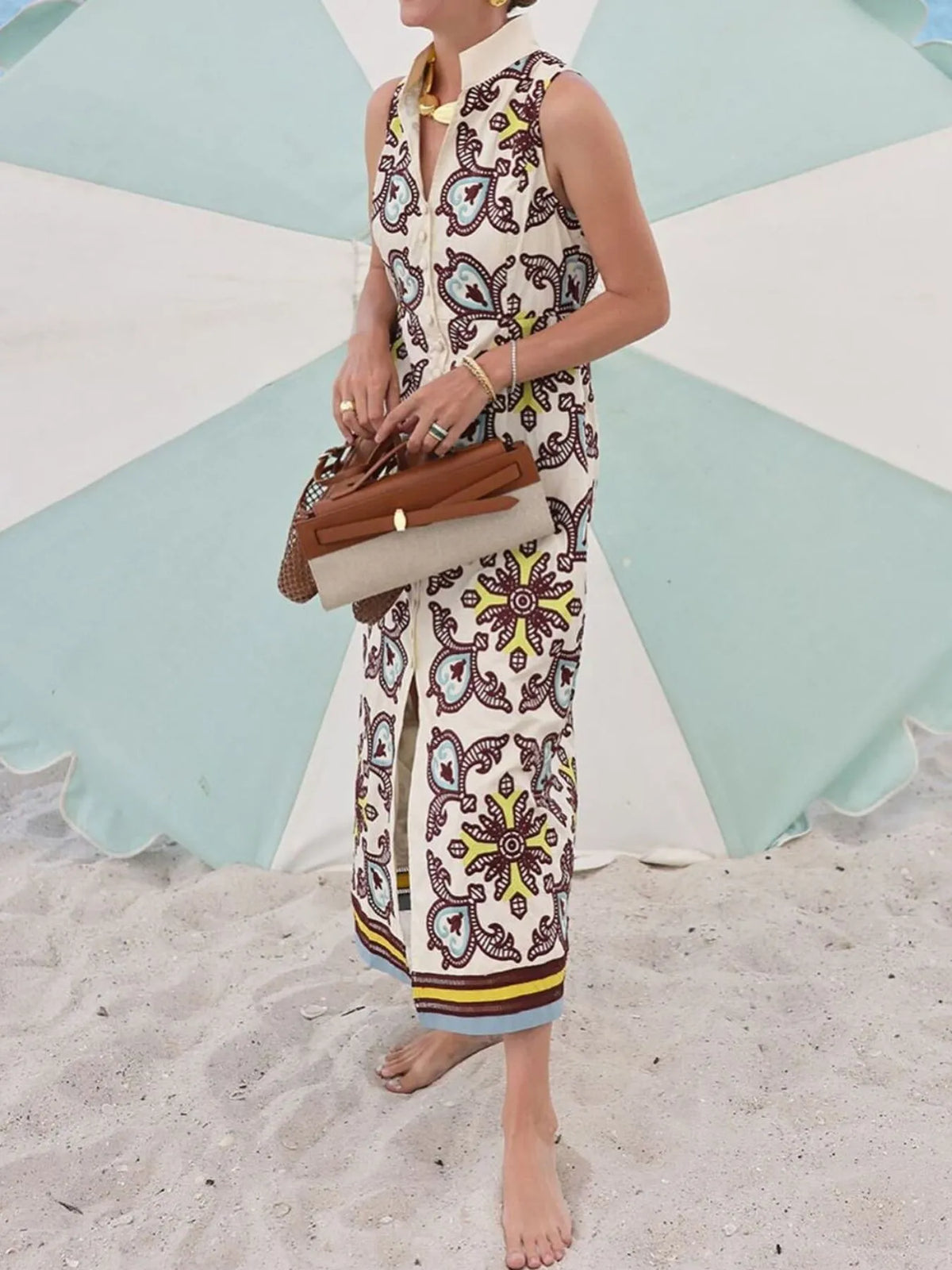 Cream Scroll  Midi Shirt Dress