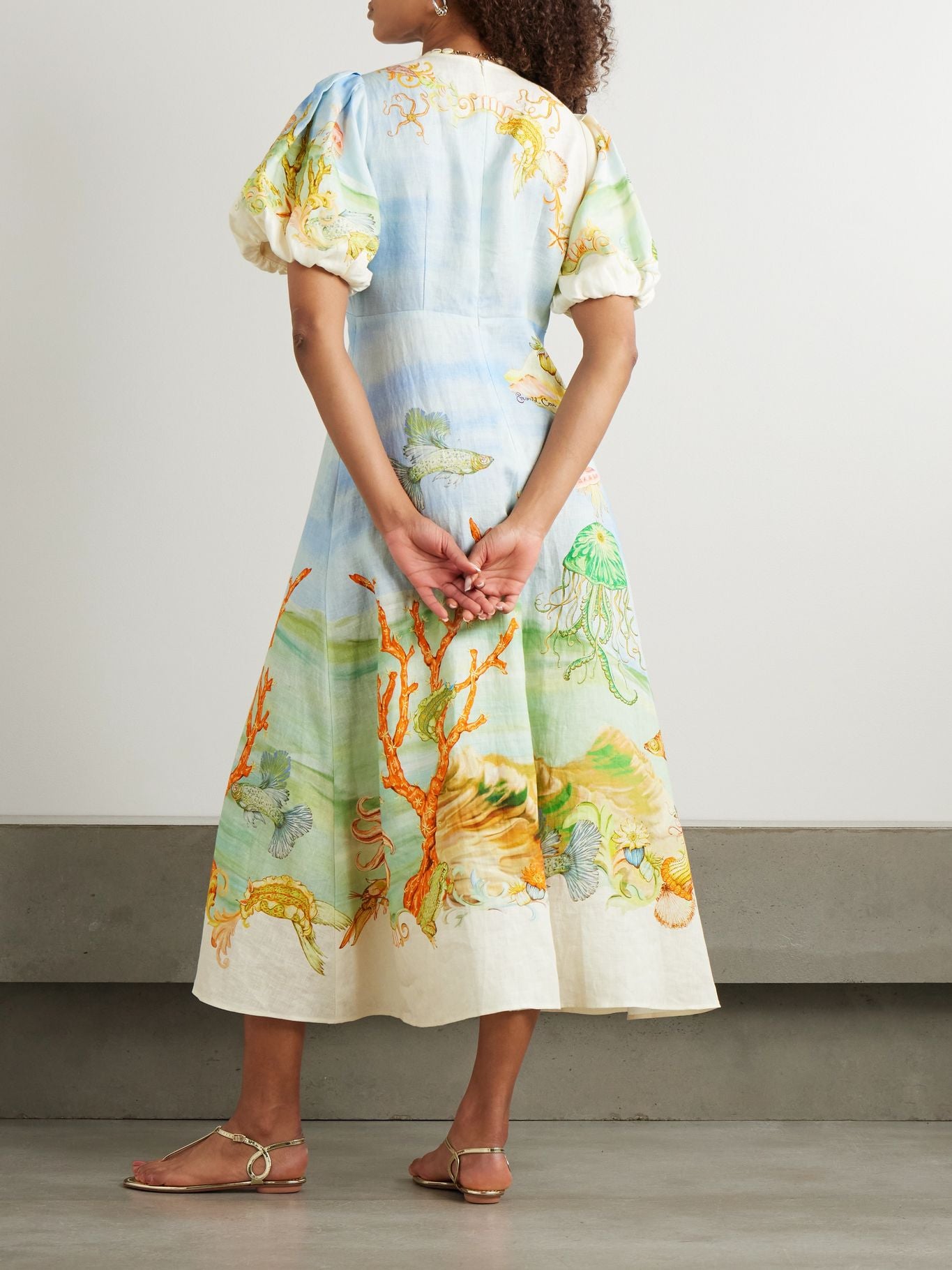 White Watercolor Puff Sleeve Midi Dress