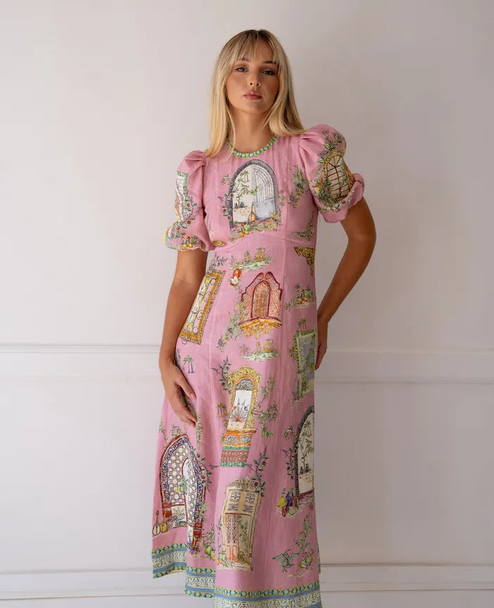 Pink Puff Sleeve Midi Dress