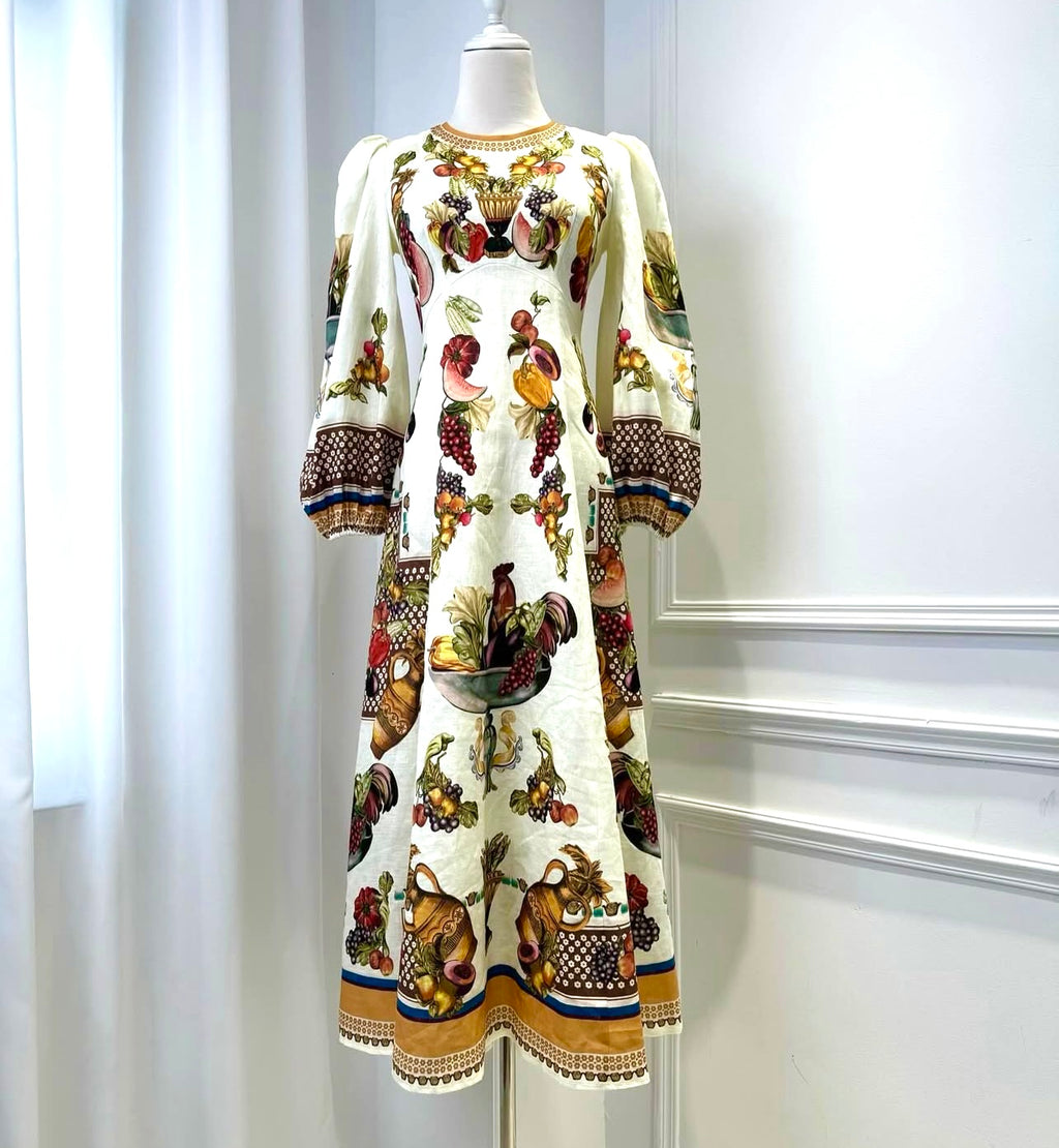White Fruit Puff Sleeve Midi Dress