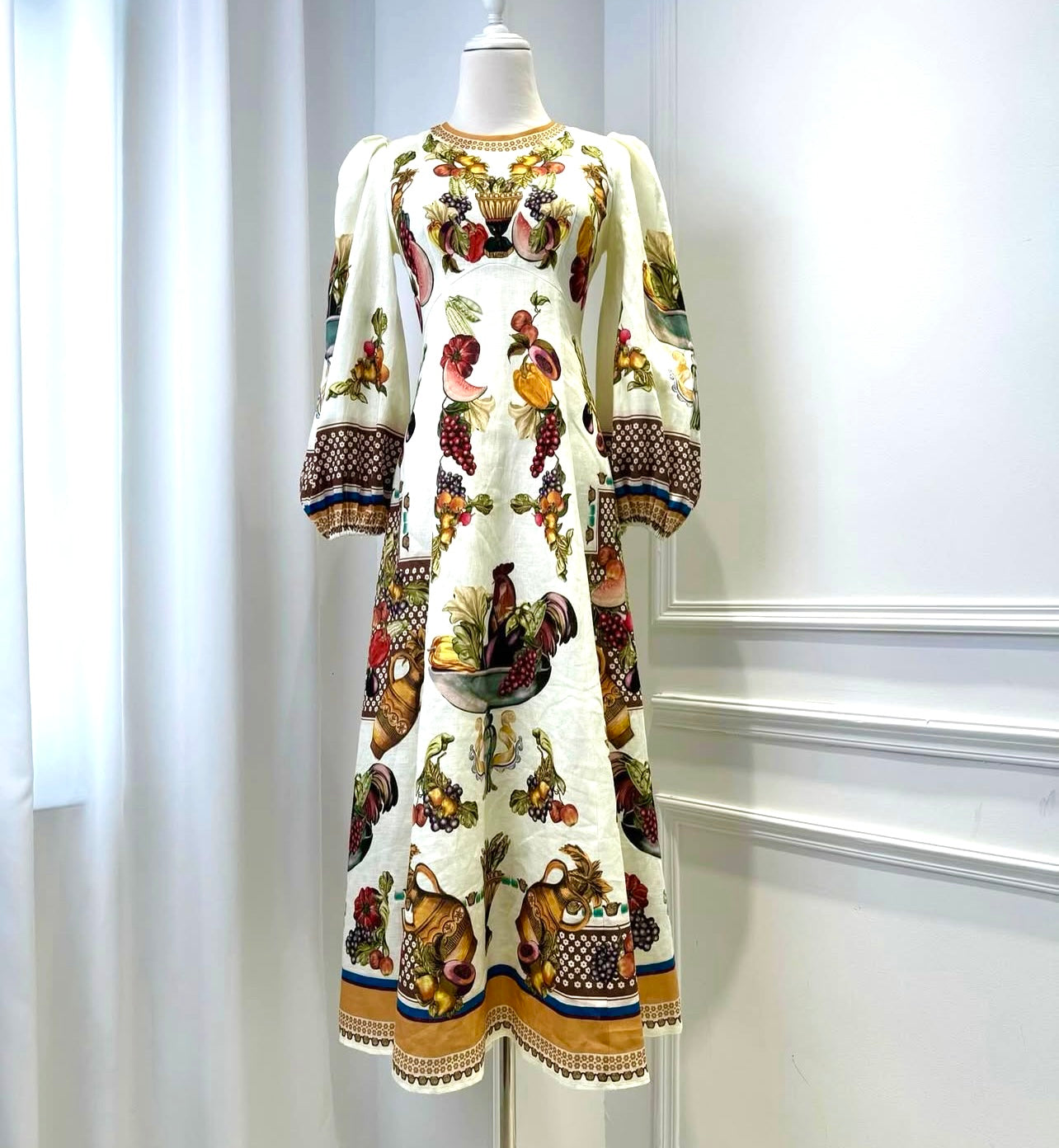 White Fruit Puff Sleeve Midi Dress