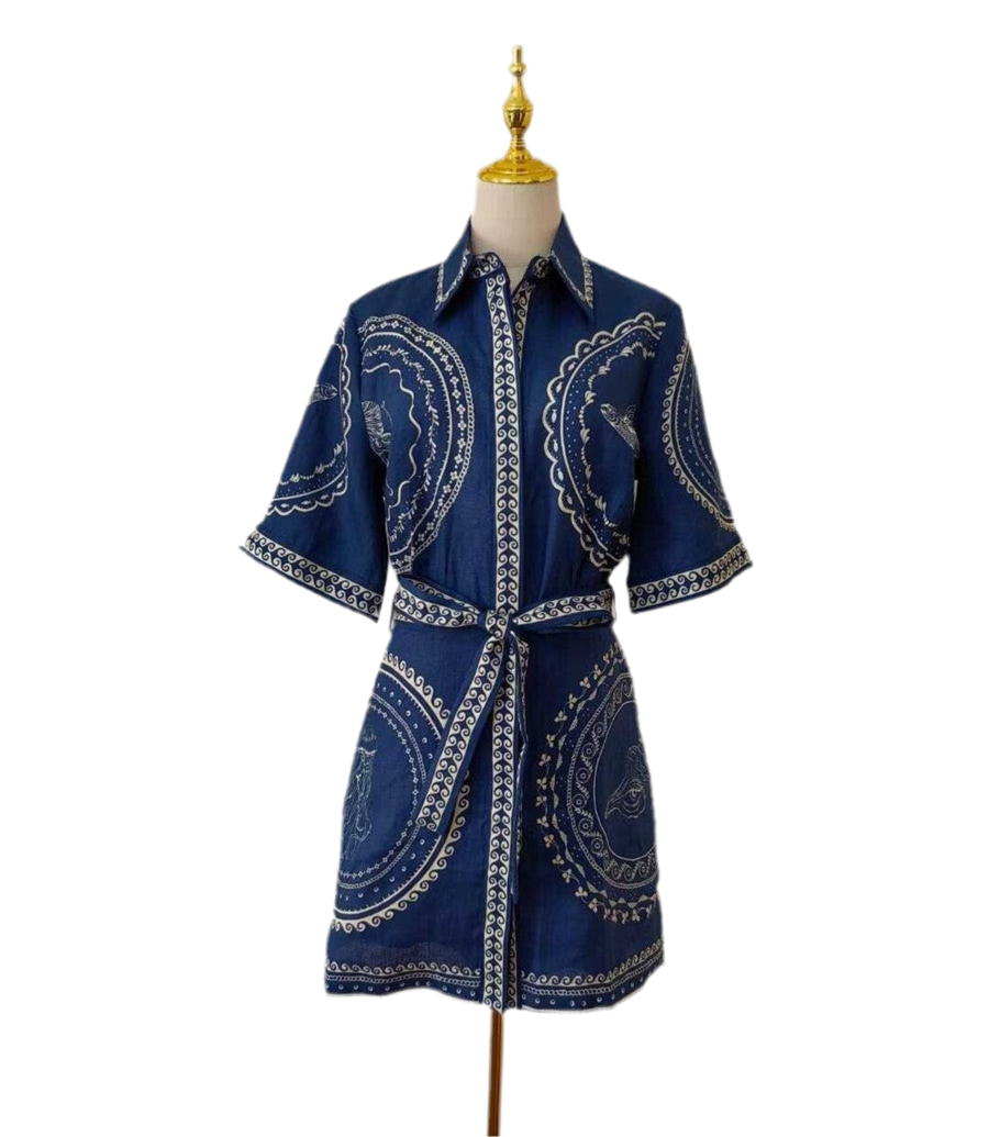Unique Navy Seashell Mini Shirt Dress