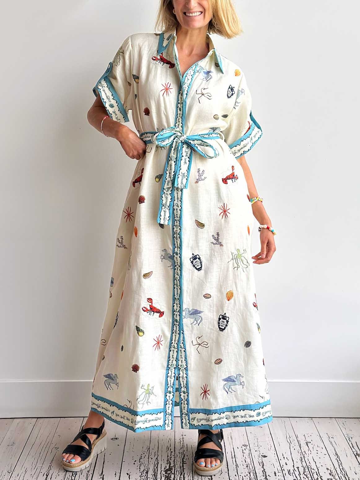 White Seafood Midi Shirt Dress