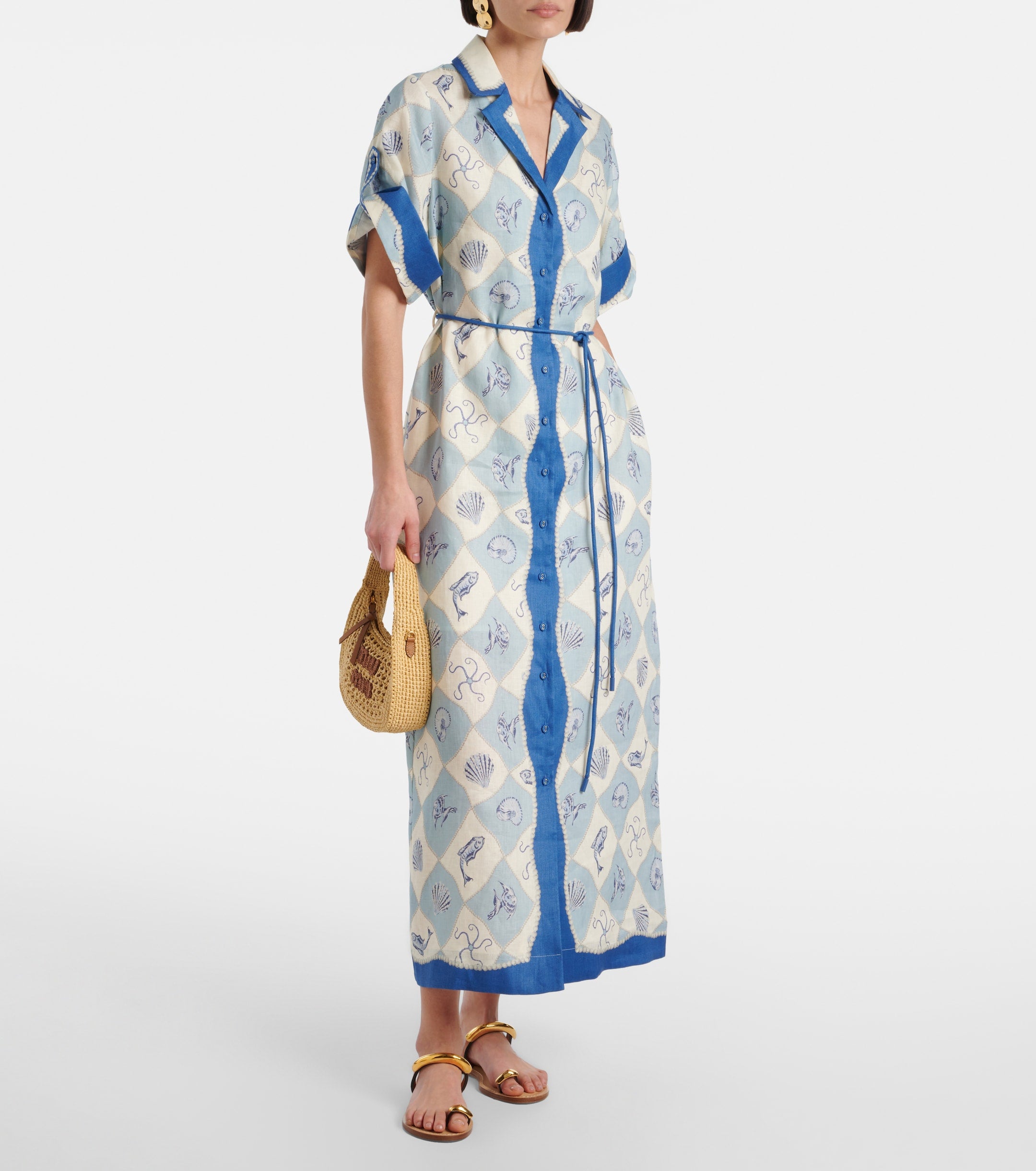 White Blue  Midi Shirt Dress