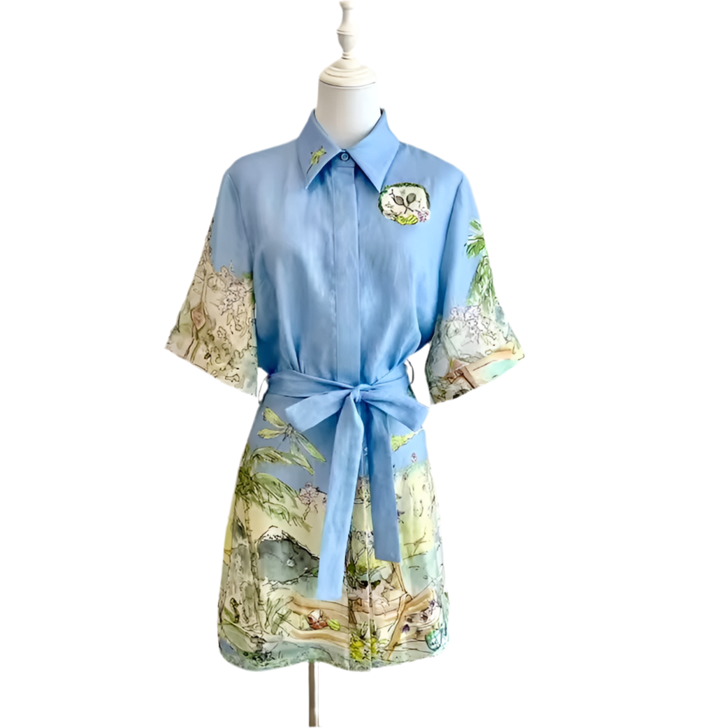 Cartoon Mini Shirt Dress Blue