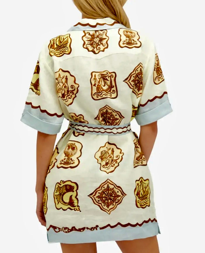 White Brown Mini Shirt Dress