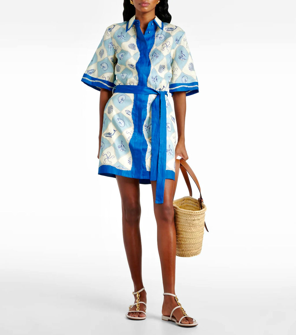 White Blue Sea Mini Shirt Dress