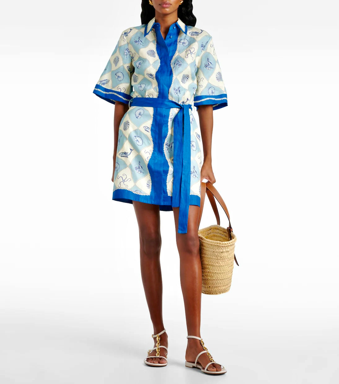 White Blue Sea Mini Shirt Dress