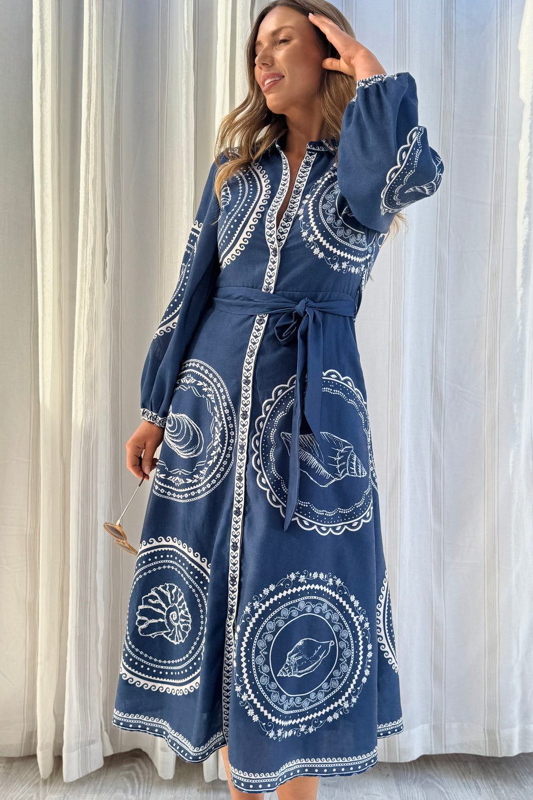 Navy Seashell Long Sleeve Maxi Shirt Dress