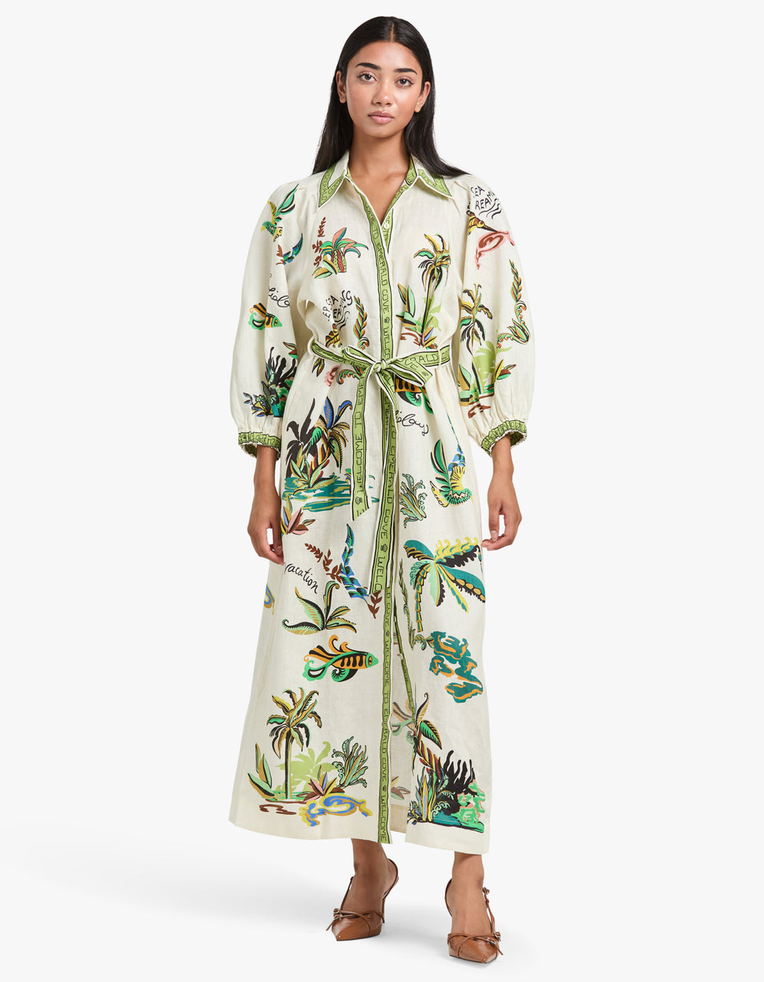 White Palm Tree Maxi Shirt Dress