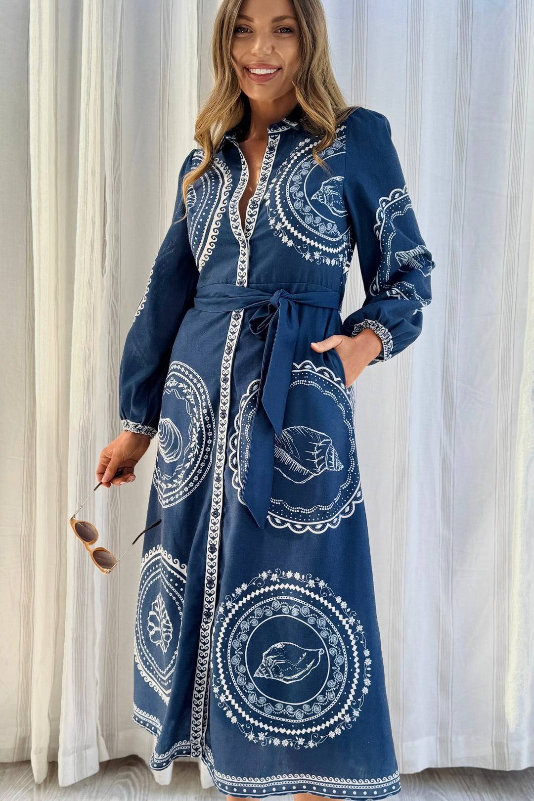 Navy Seashell Long Sleeve Maxi Shirt Dress