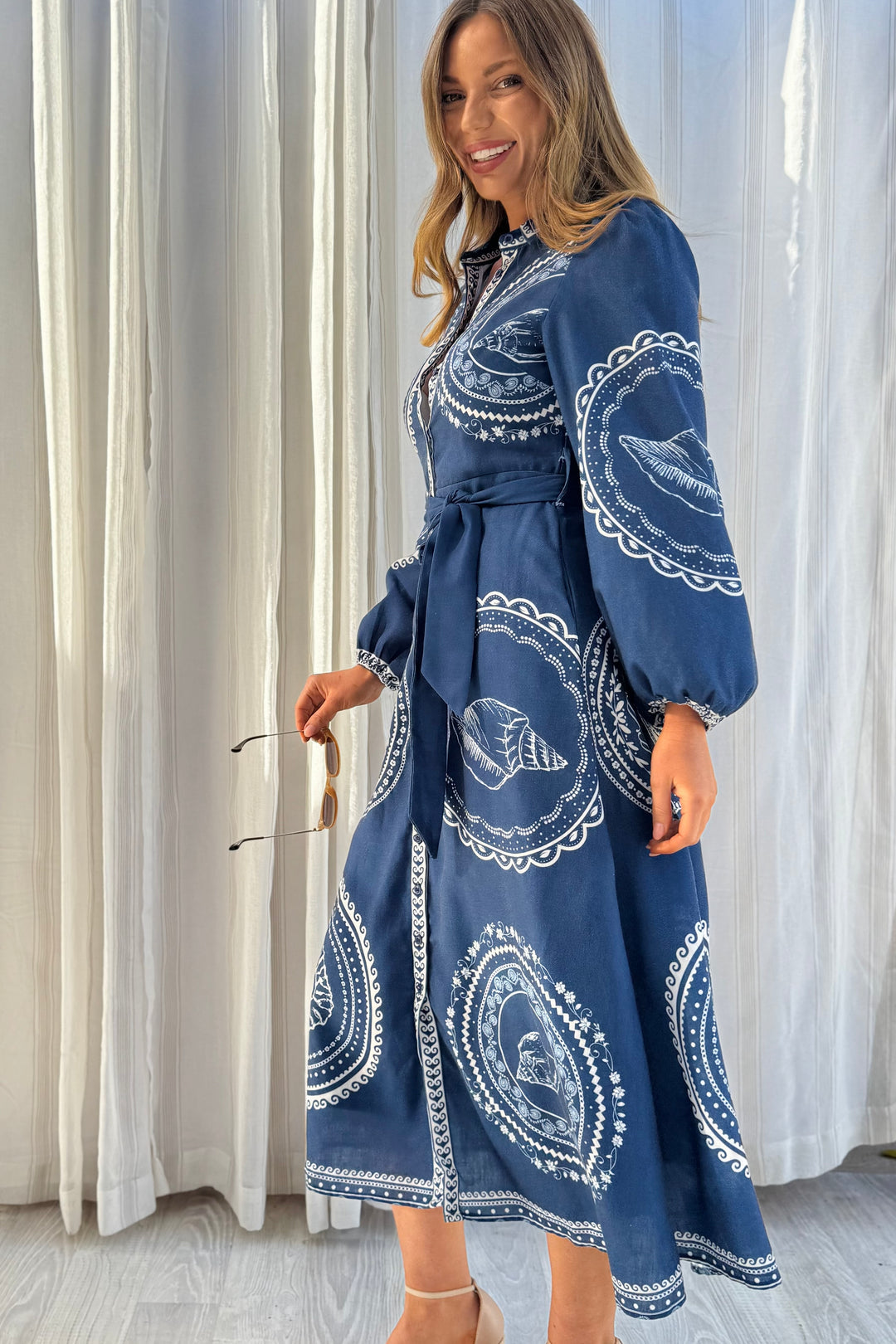 Navy Seashell Long Sleeve Maxi Shirt Dress