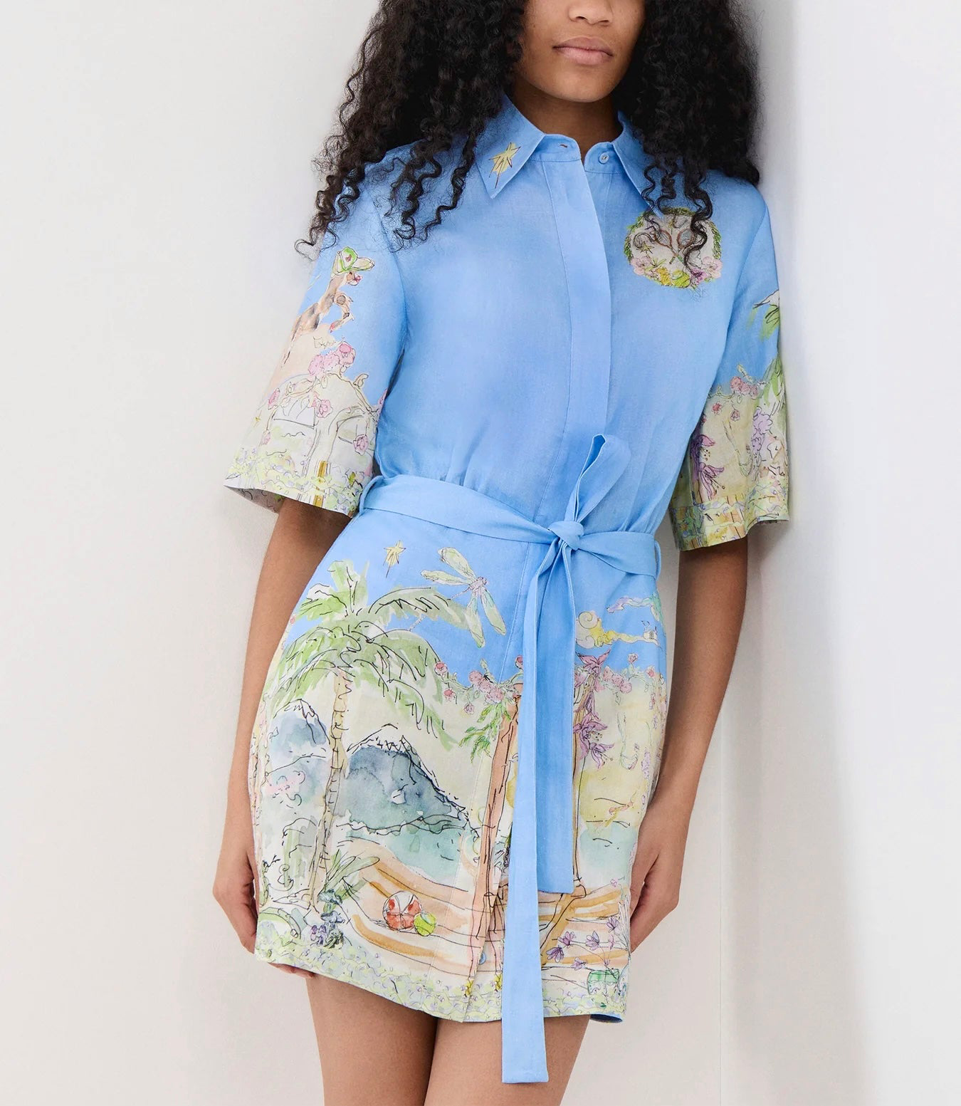Cartoon Mini Shirt Dress Blue