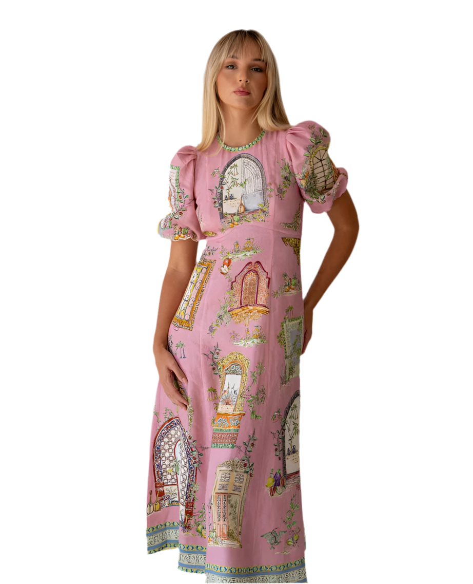 Pink Puff Sleeve Midi Dress