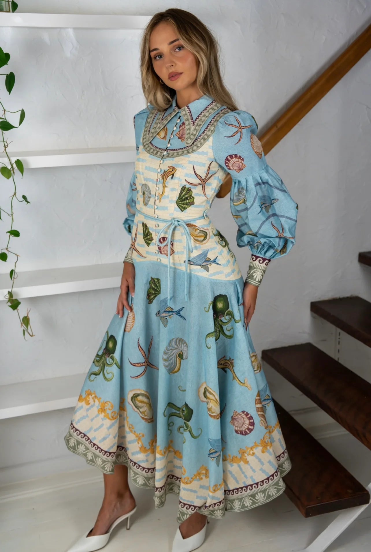 White Starfish Long Sleeve Maxi Shirt Dress