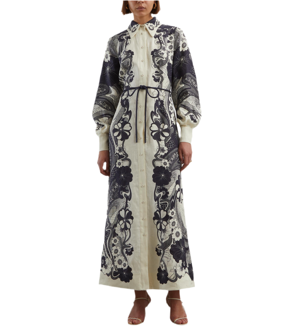 Navy Floral Long Sleeve Maxi Shirt Dress