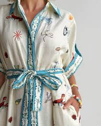 White Seafood Midi Shirt Dress