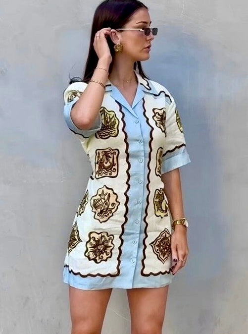 White Brown Mini Shirt Dress