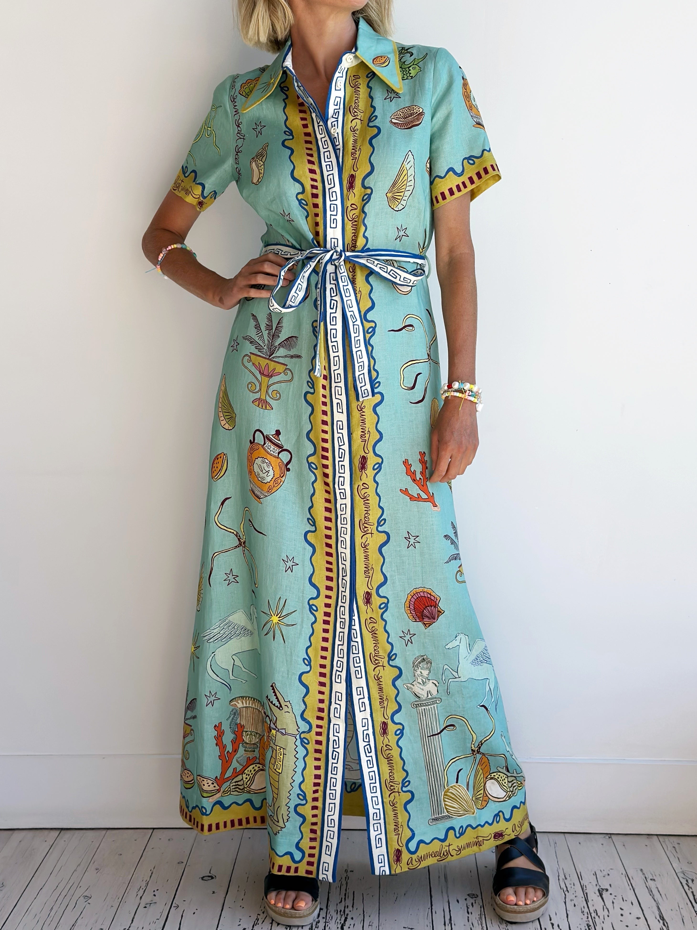 Aqua Seafood Midi Shirt Dress