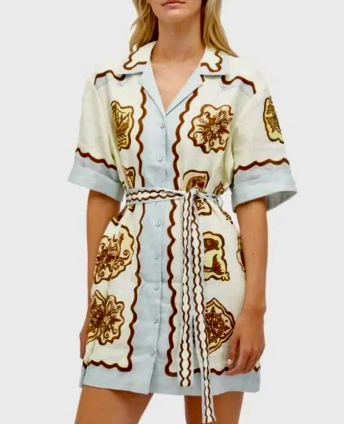 White Brown Mini Shirt Dress