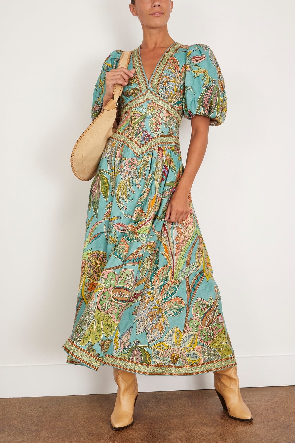 Teal Puff Sleeve Midi Dress