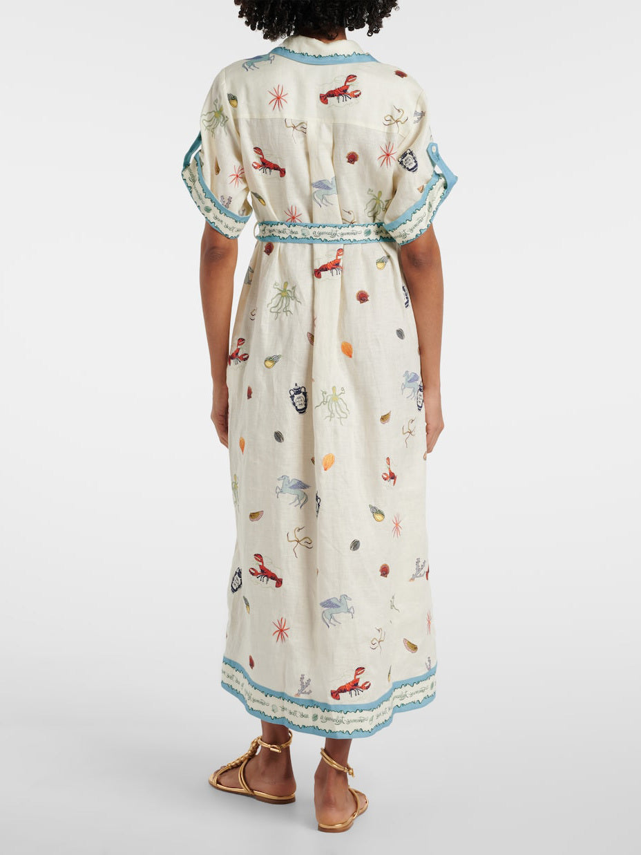 White Seafood Midi Shirt Dress