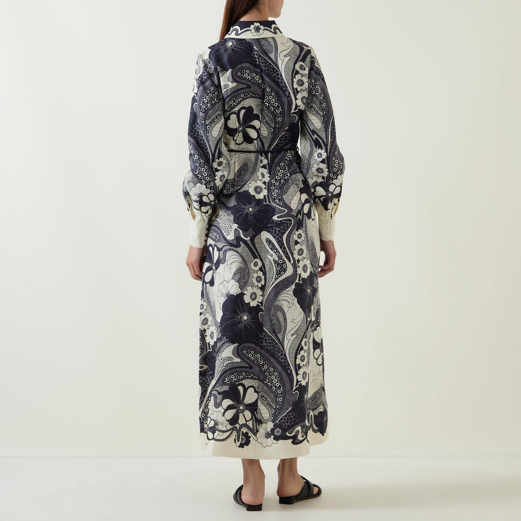 Navy Floral Long Sleeve Maxi Shirt Dress