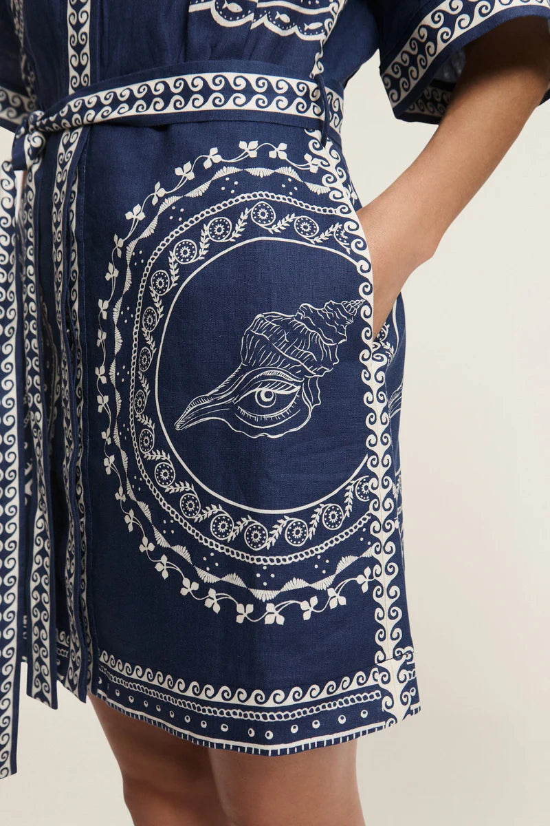 Unique Navy Seashell Mini Shirt Dress