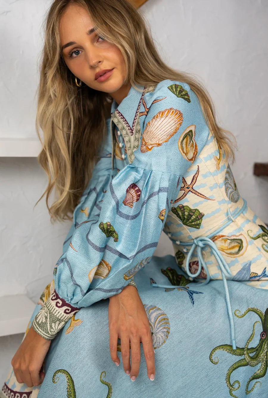 White Starfish Long Sleeve Maxi Shirt Dress