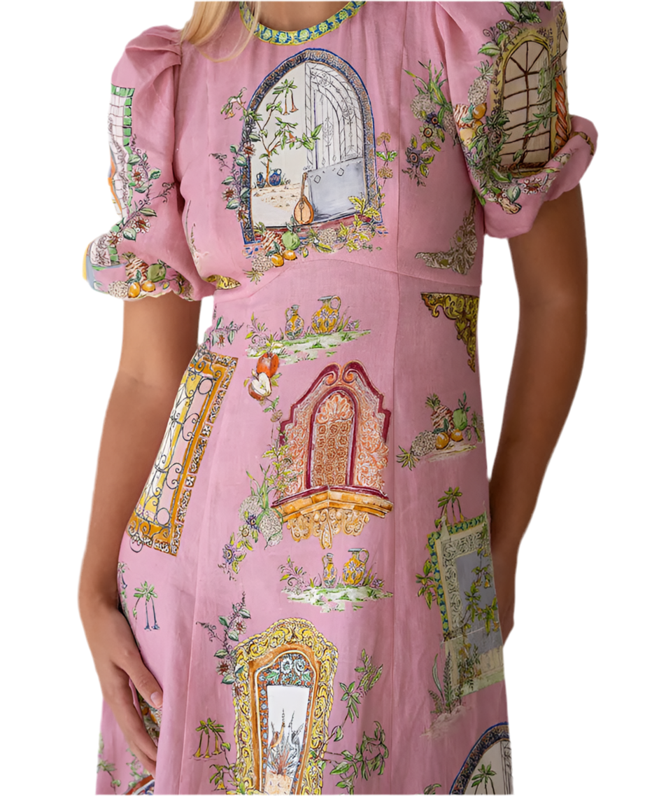 Pink Puff Sleeve Midi Dress