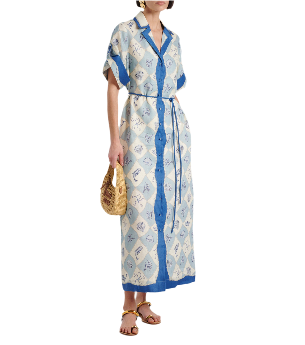 White Blue  Midi Shirt Dress