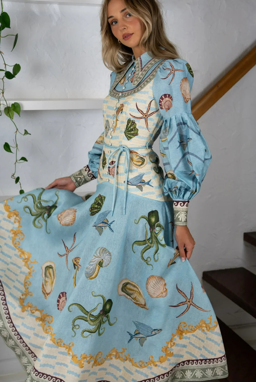 White Starfish Long Sleeve Maxi Shirt Dress