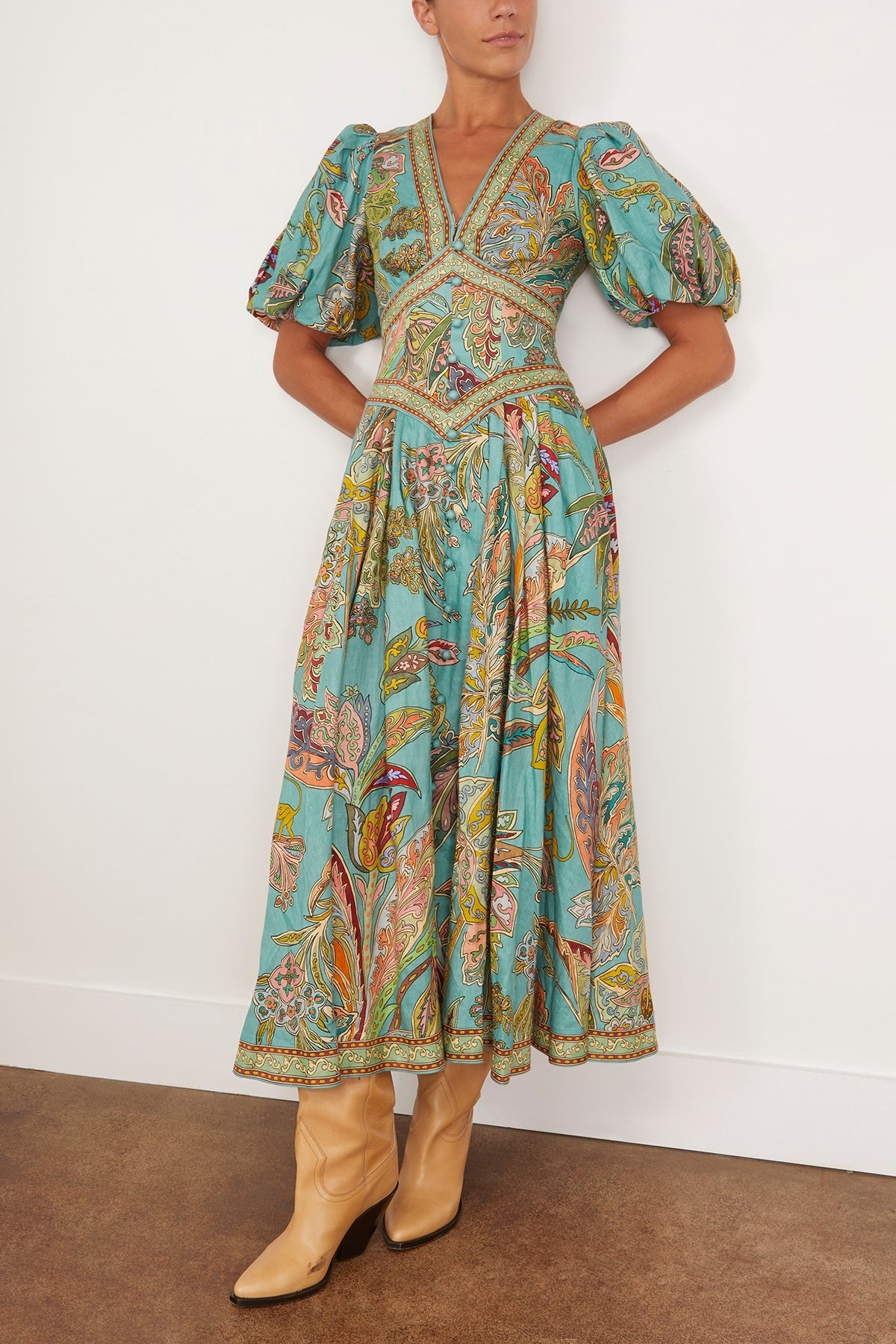 Teal Puff Sleeve Midi Dress