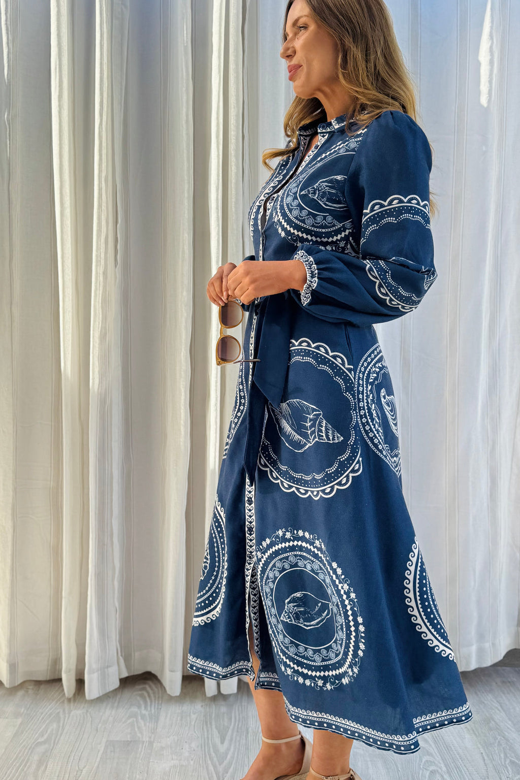Navy Seashell Long Sleeve Maxi Shirt Dress