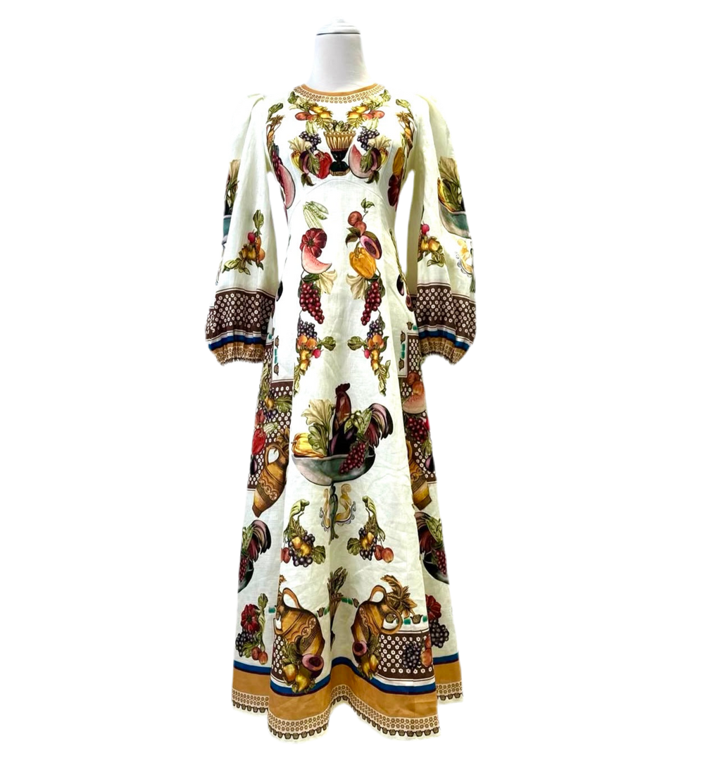 White Fruit Puff Sleeve Midi Dress