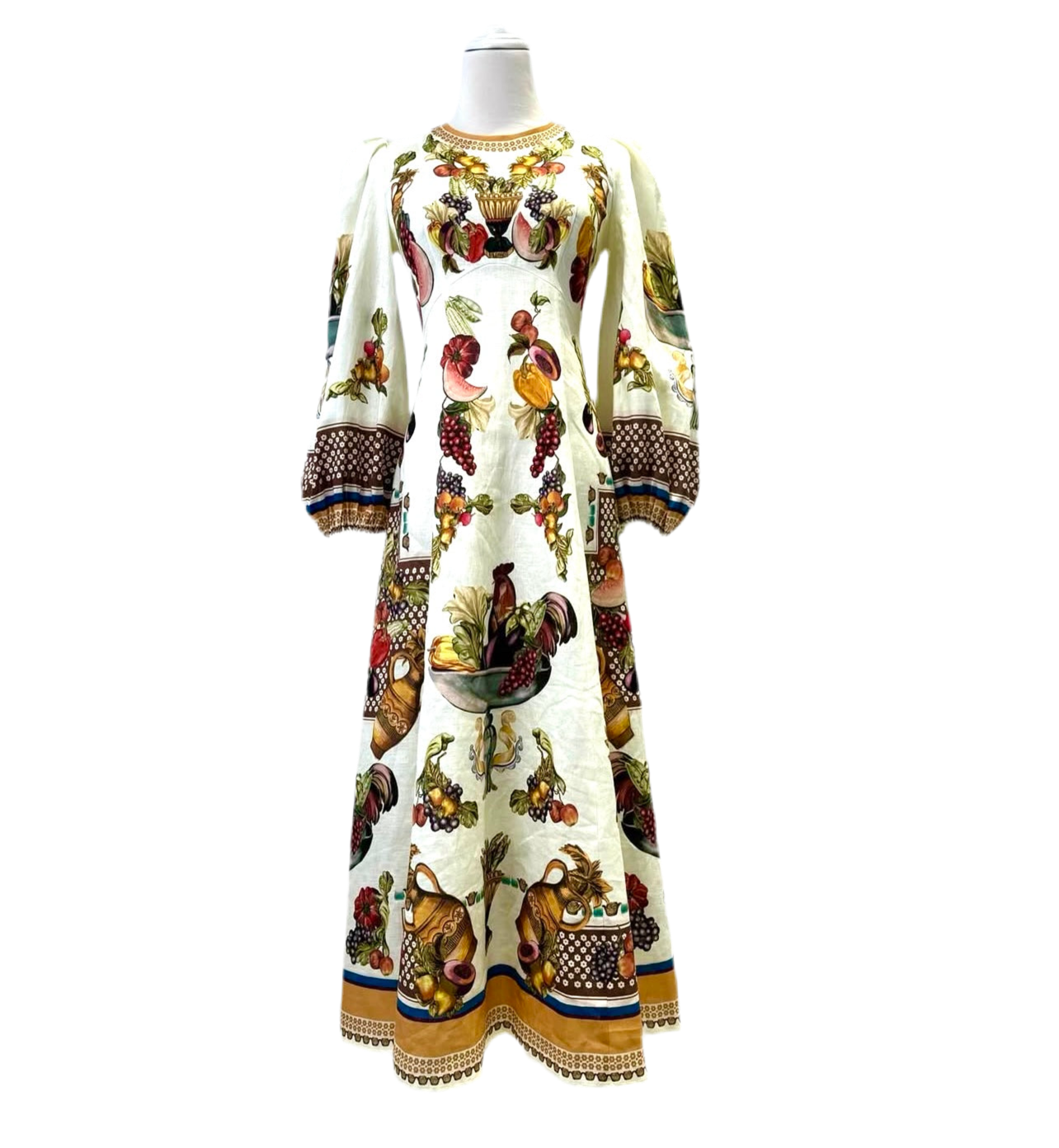White Fruit Puff Sleeve Midi Dress