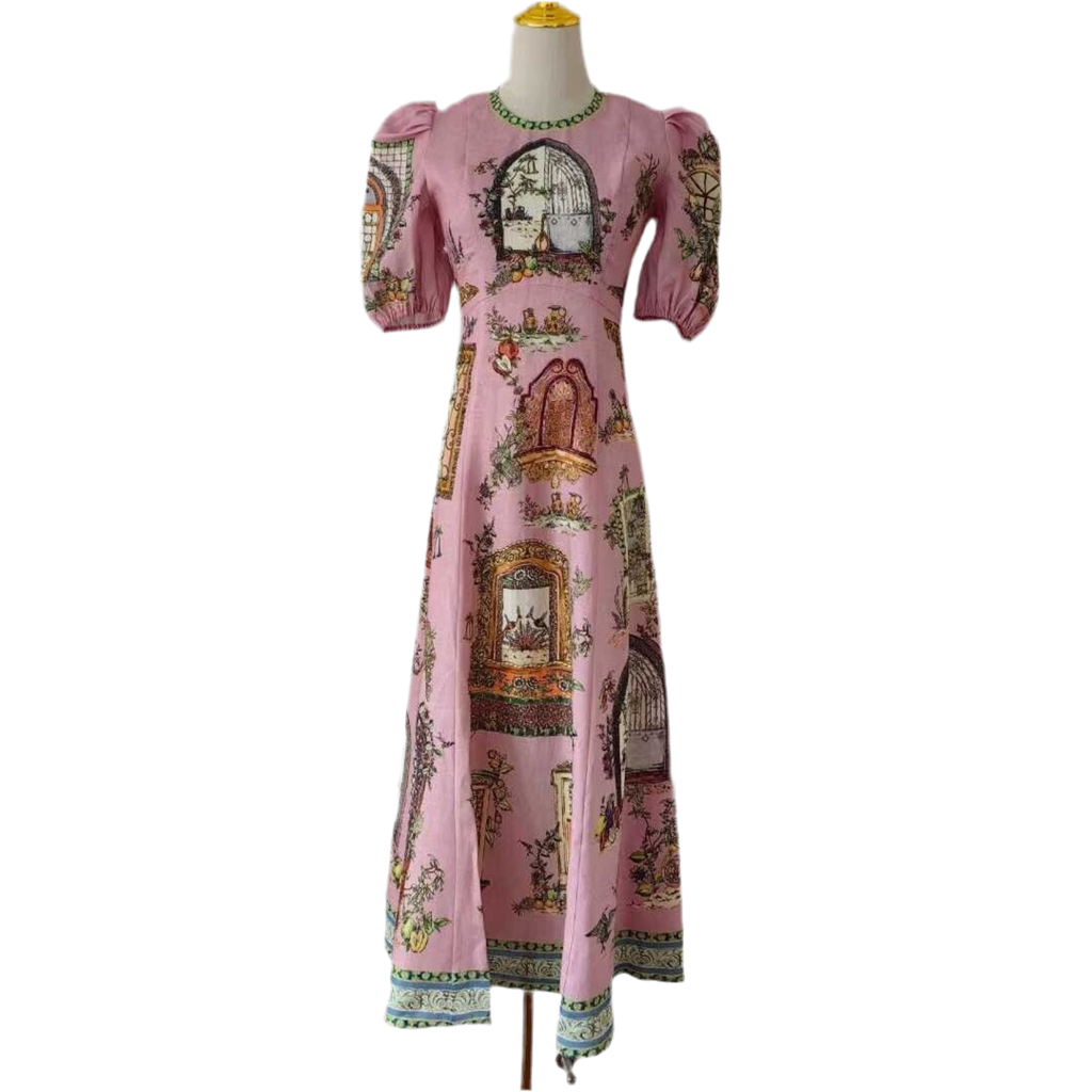 Pink Puff Sleeve Midi Dress