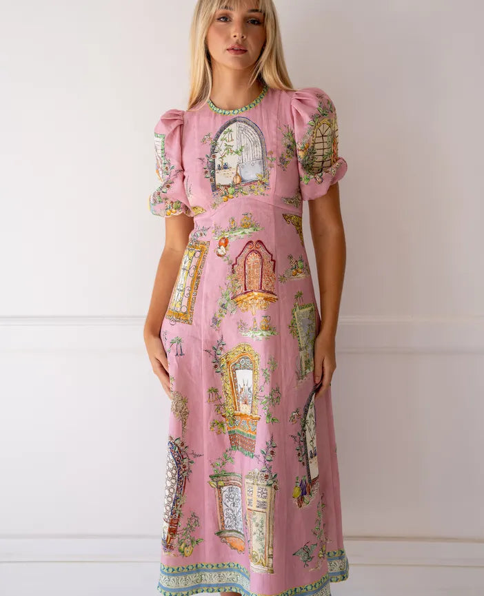 Pink Puff Sleeve Midi Dress