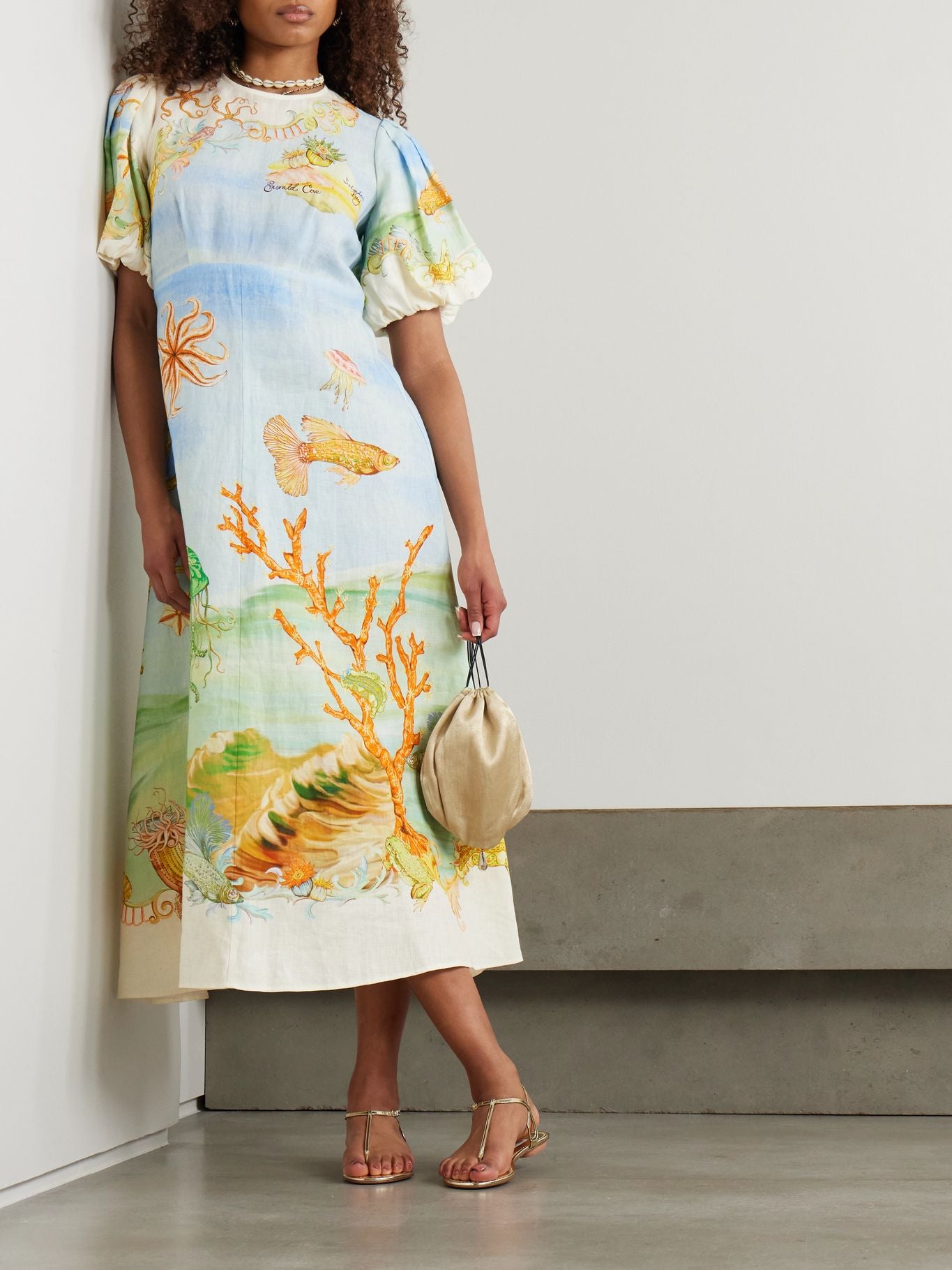 White Watercolor Puff Sleeve Midi Dress