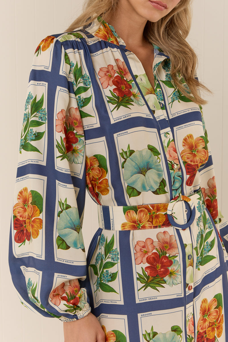 #3 Blue Striped Floral Maxi Shirt Dress