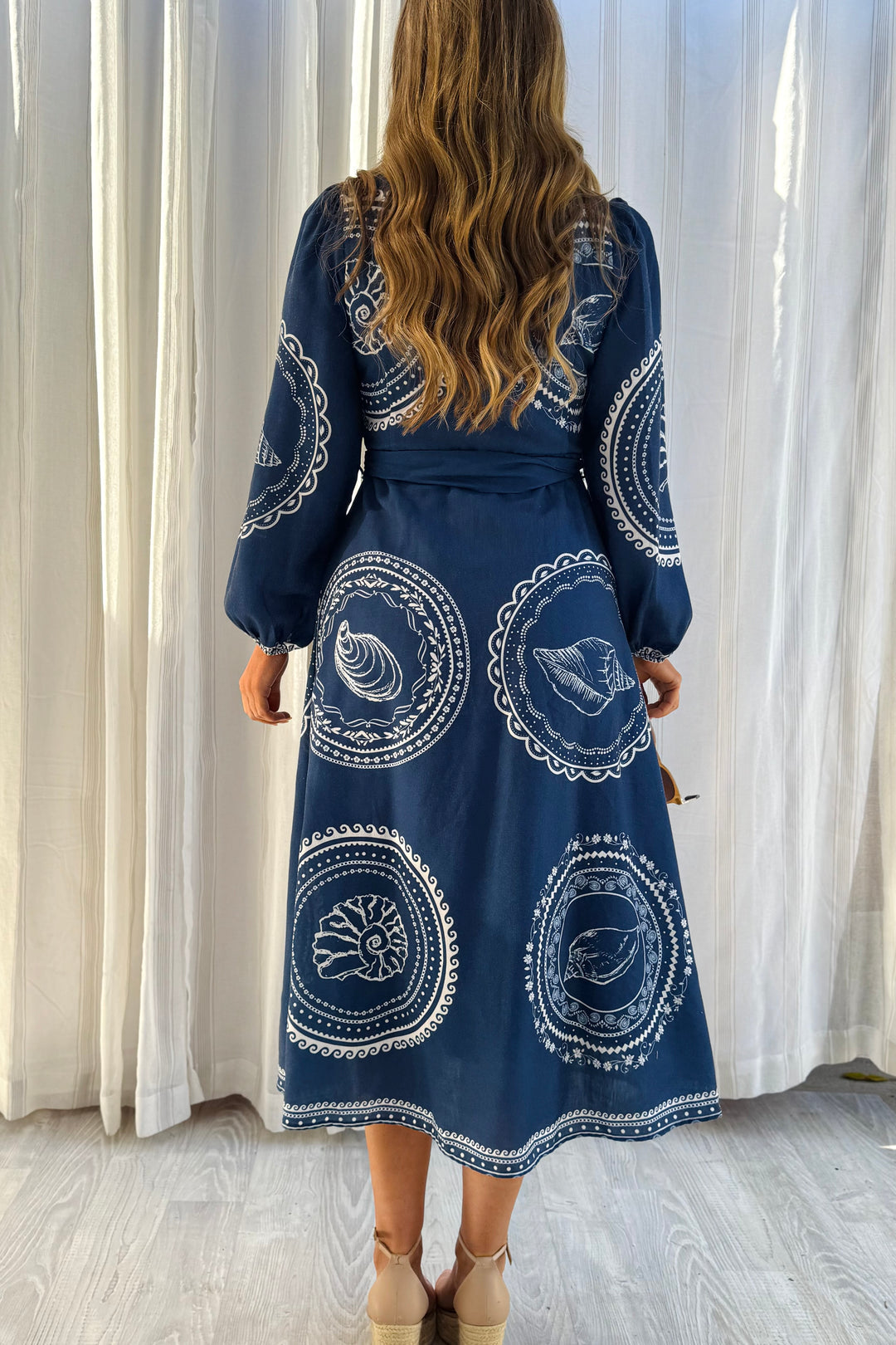 Navy Seashell Long Sleeve Maxi Shirt Dress