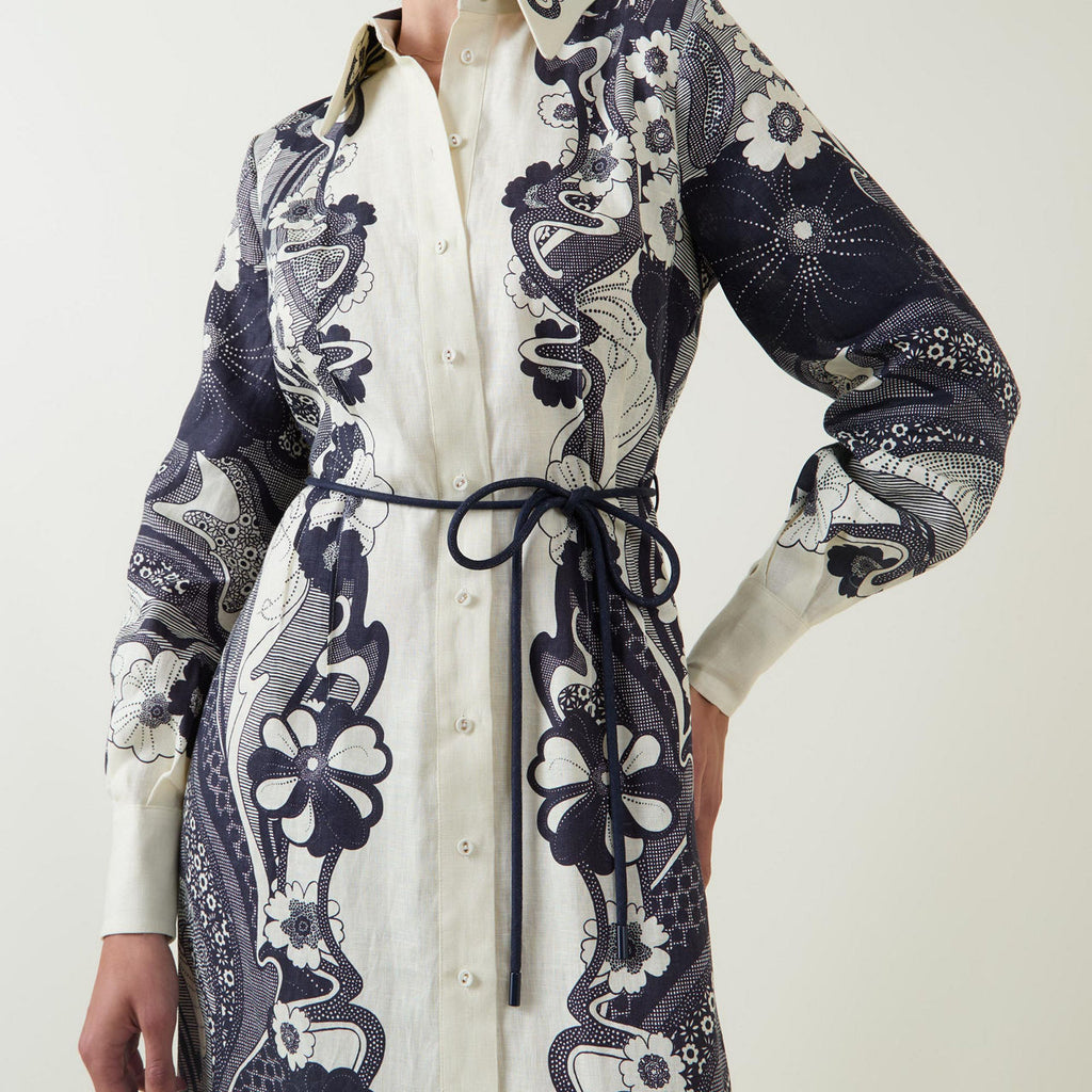 Navy Floral Long Sleeve Maxi Shirt Dress