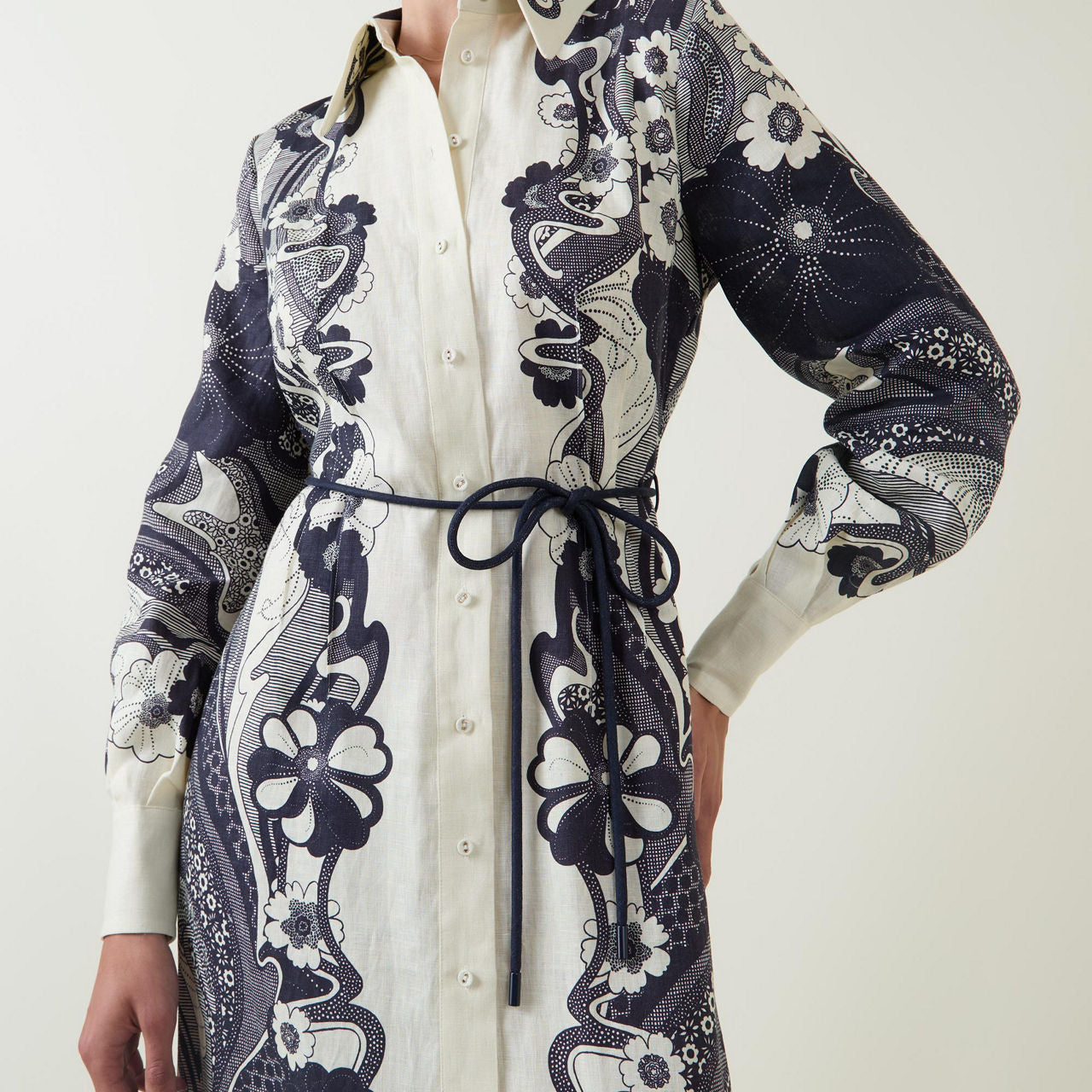 Navy Floral Long Sleeve Maxi Shirt Dress
