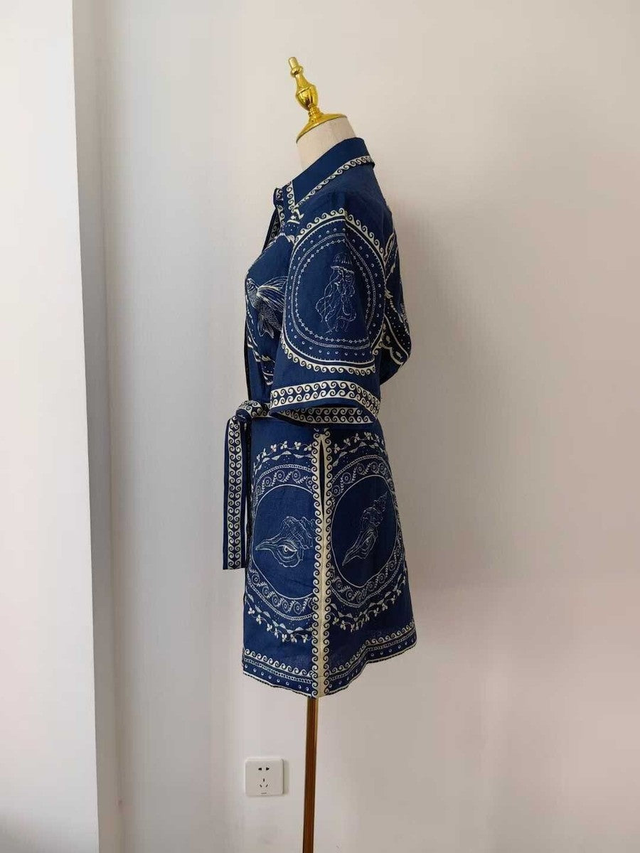 Unique Navy Seashell Mini Shirt Dress