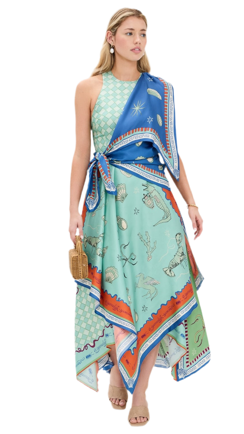 Unique Blue Green Scarf Midi Dress